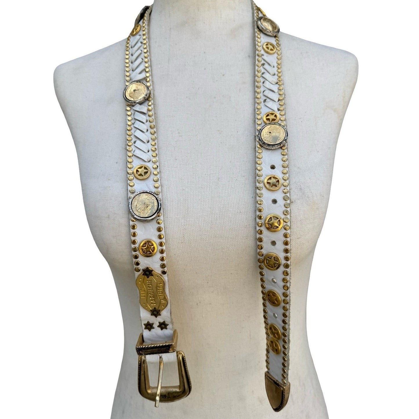 Lily Farouche Munich Vintage White Leather Studded Buffalo Nickel Western Belt