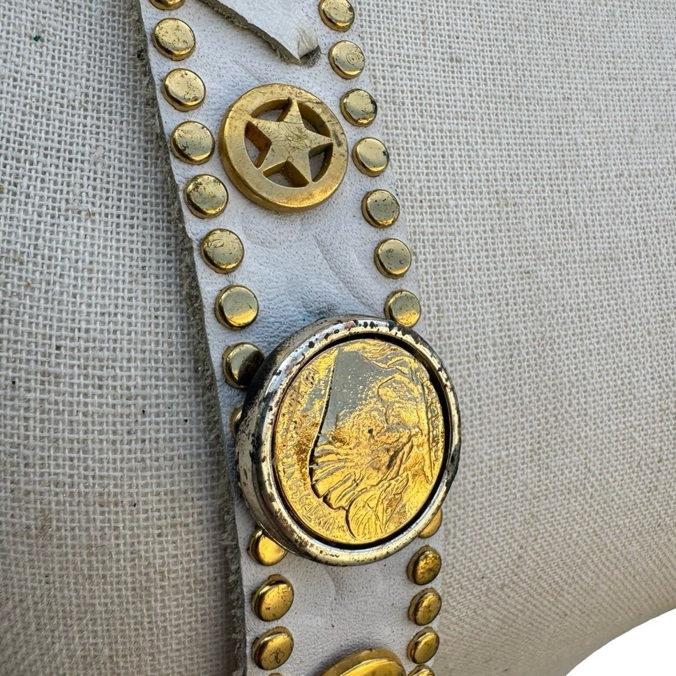 Lily Farouche Munich Vintage White Leather Studded Buffalo Nickel Western Belt