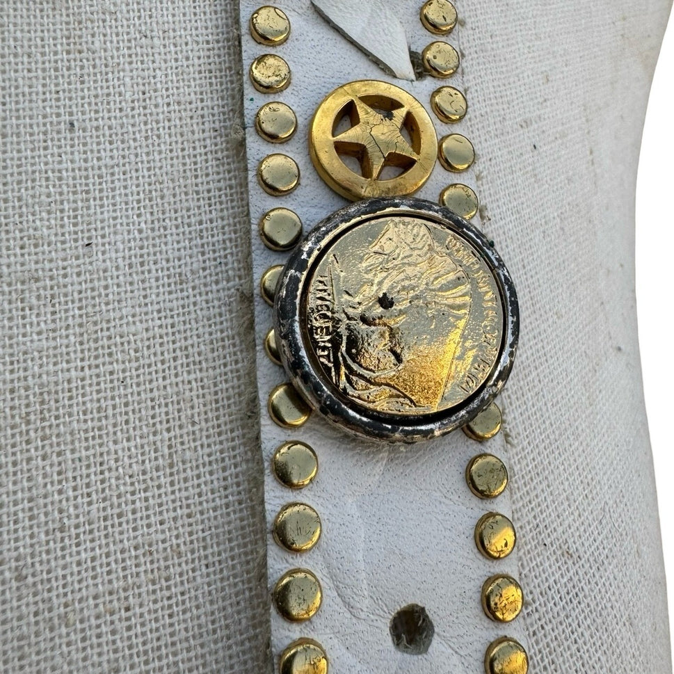 Lily Farouche Munich Vintage White Leather Studded Buffalo Nickel Western Belt