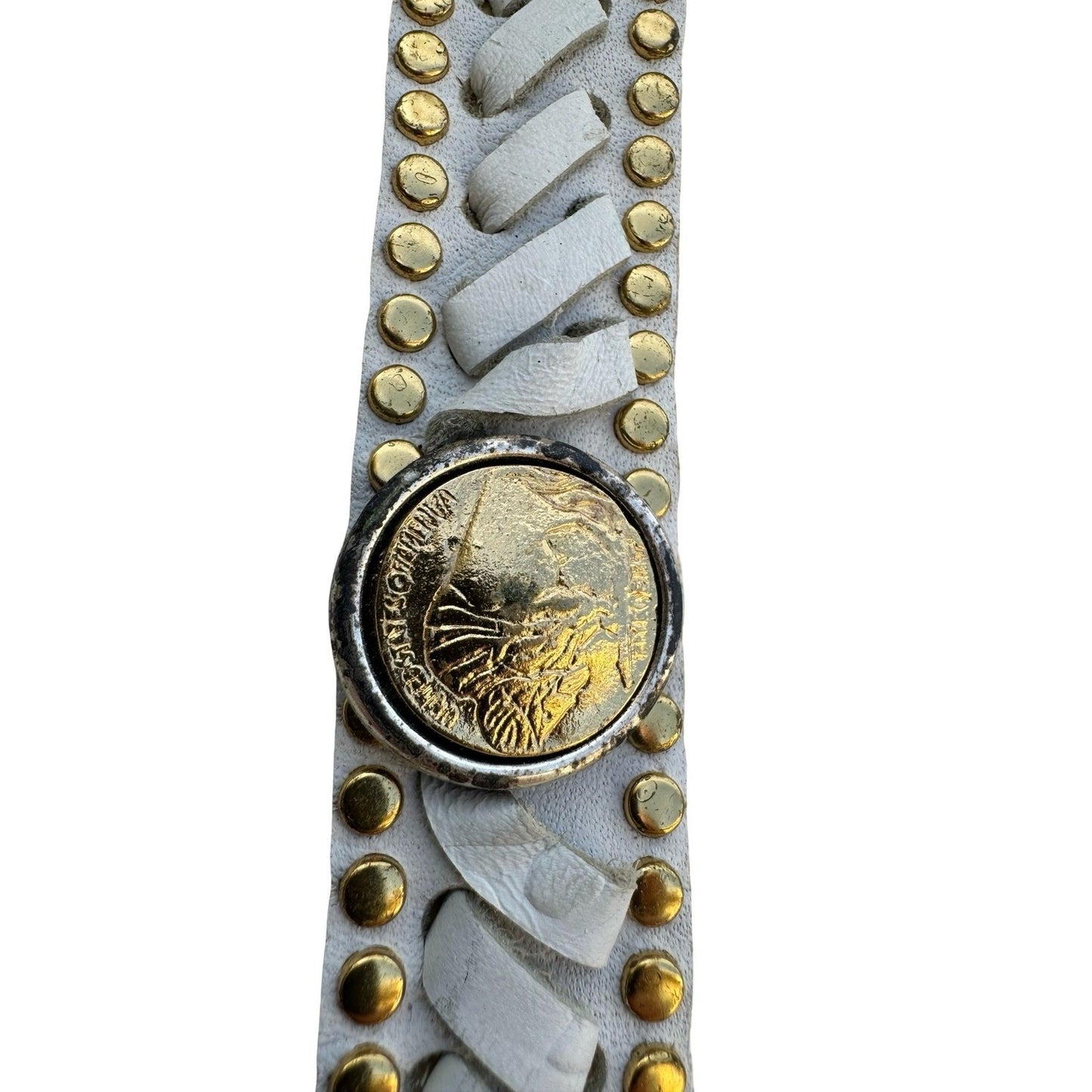 Lily Farouche Munich Vintage White Leather Studded Buffalo Nickel Western Belt