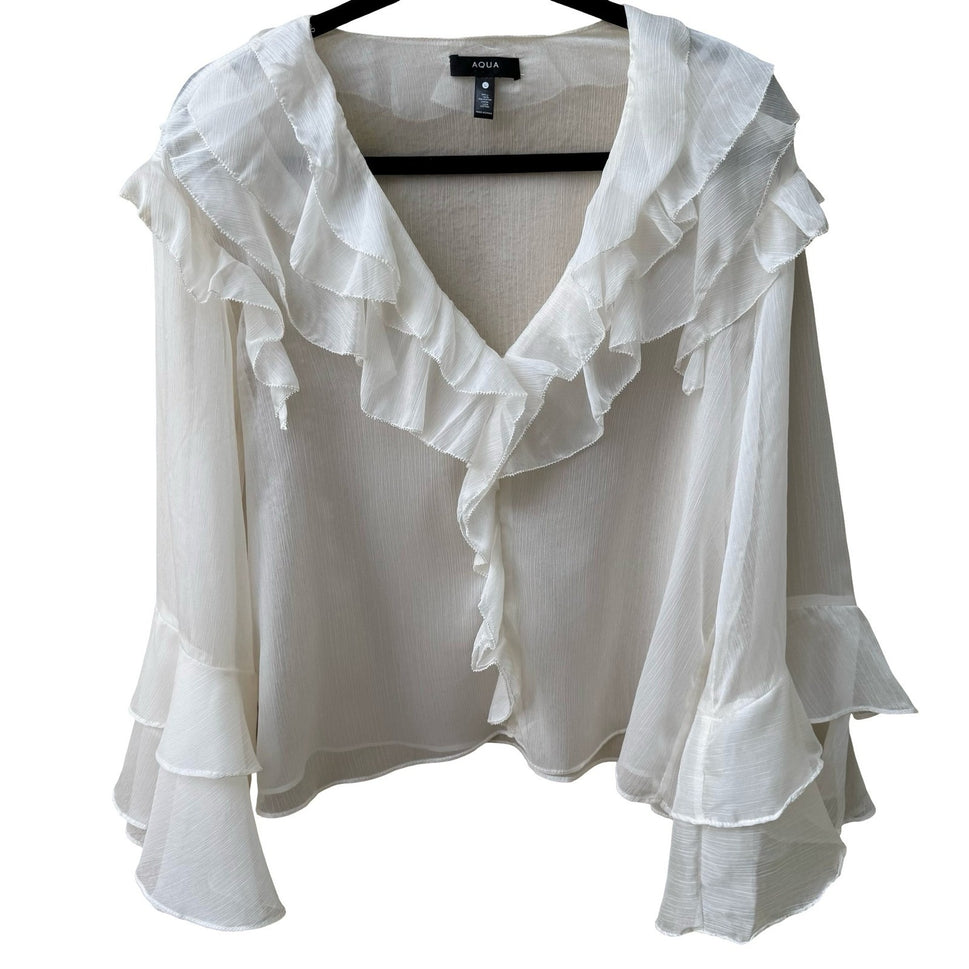 Aqua Coquette Fairycore Ruffle V-Neck Tiered Bell Sleeve Sheer Blouse White L