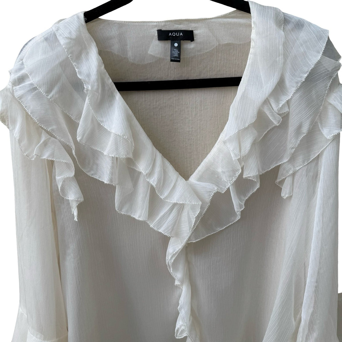 Aqua Coquette Fairycore Ruffle V-Neck Tiered Bell Sleeve Sheer Blouse White L