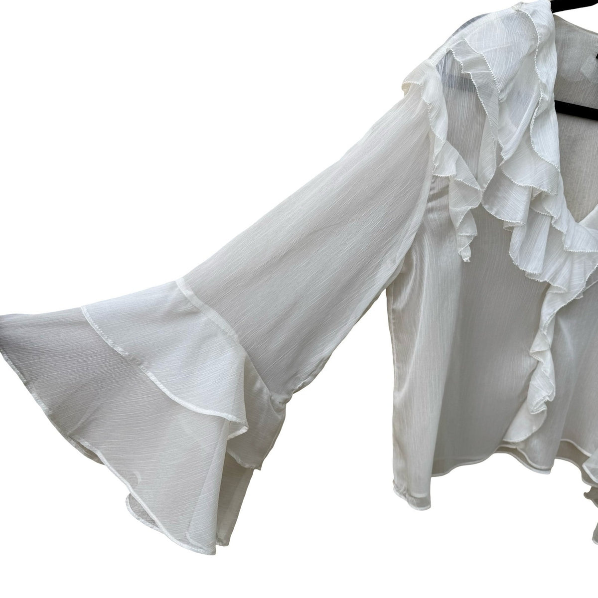 Aqua Coquette Fairycore Ruffle V-Neck Tiered Bell Sleeve Sheer Blouse White L