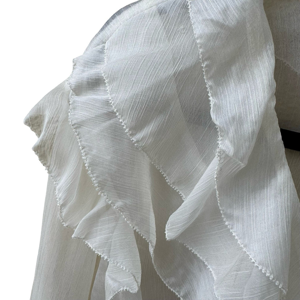 Aqua Coquette Fairycore Ruffle V-Neck Tiered Bell Sleeve Sheer Blouse White L