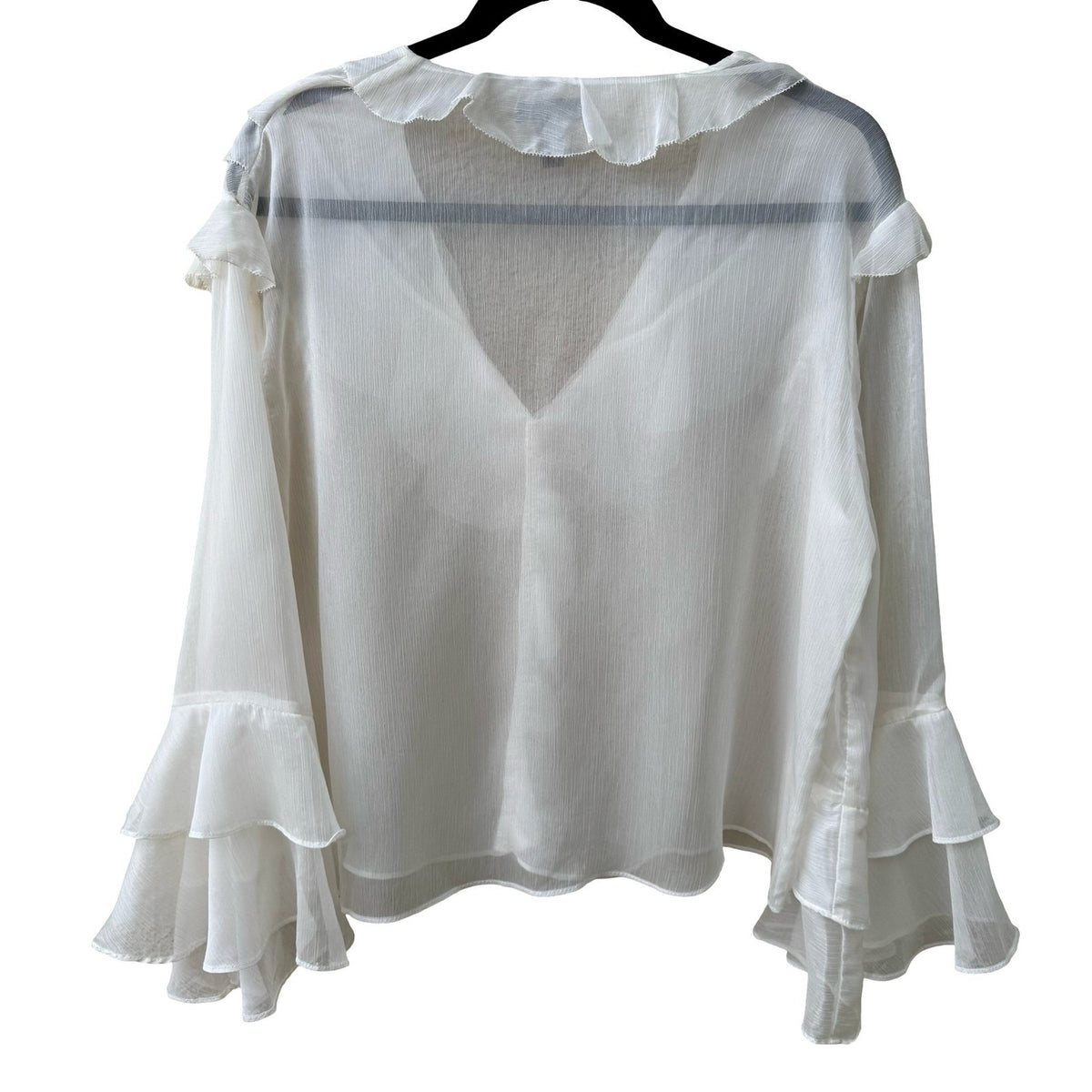Aqua Coquette Fairycore Ruffle V-Neck Tiered Bell Sleeve Sheer Blouse White L