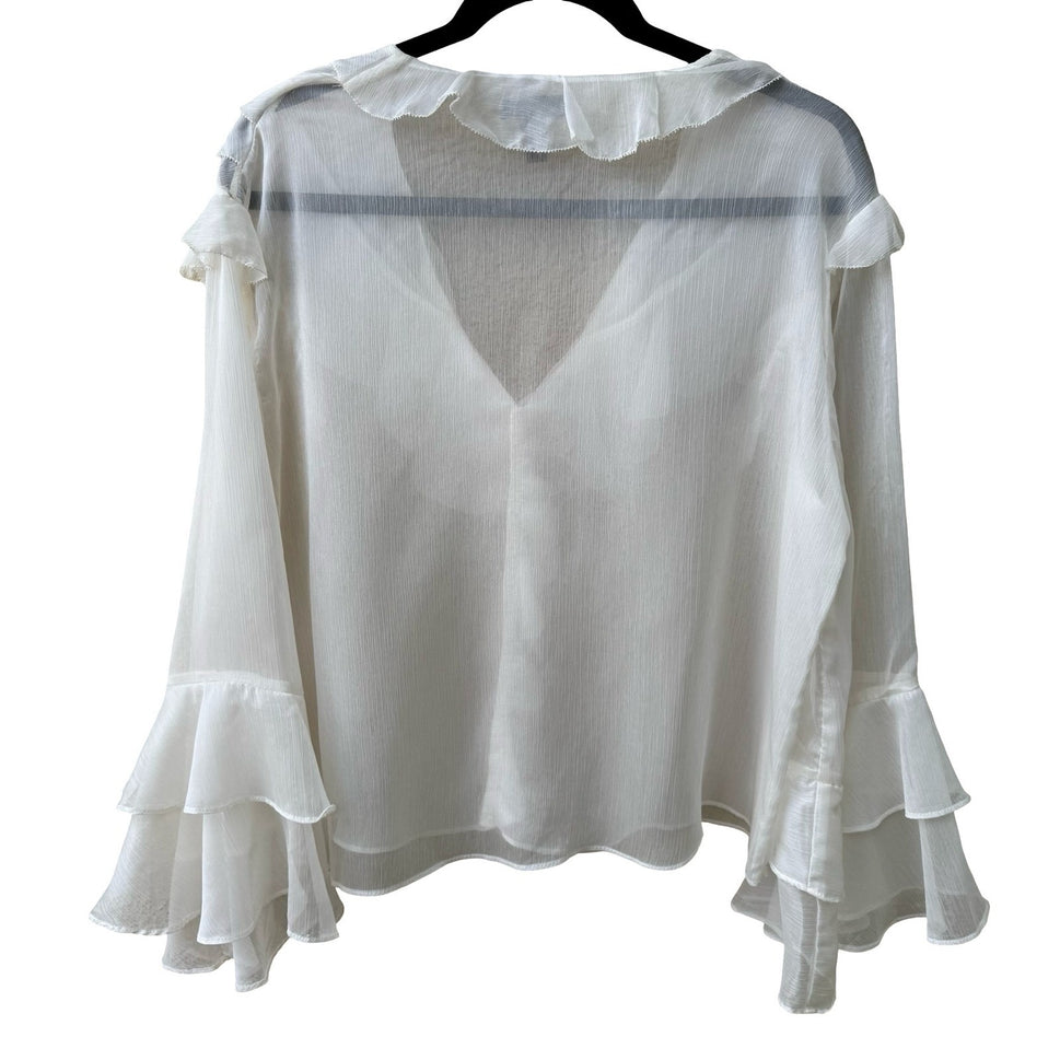 Aqua Coquette Fairycore Ruffle V-Neck Tiered Bell Sleeve Sheer Blouse White L