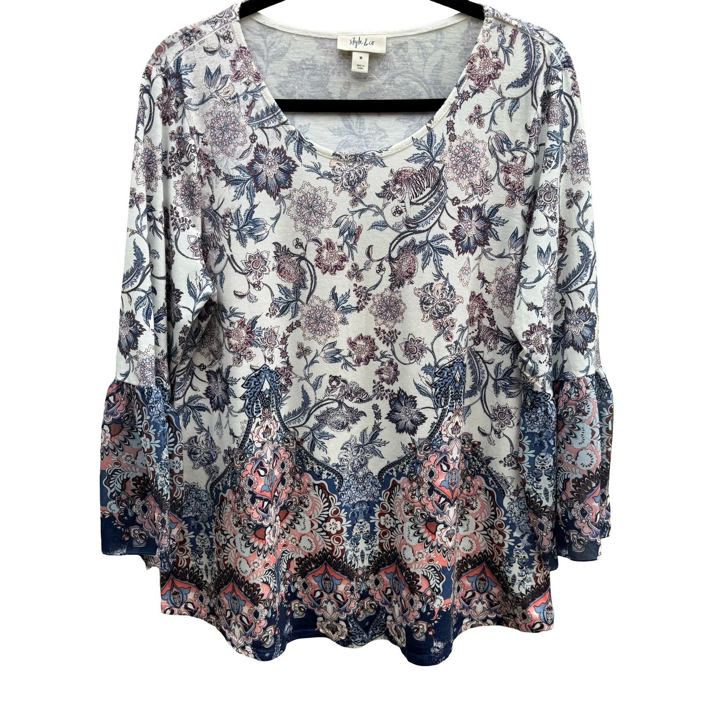 Style & Co Boho Feminine Garden Floral Paisley Bell Sleeve Peasant Blouse Top M