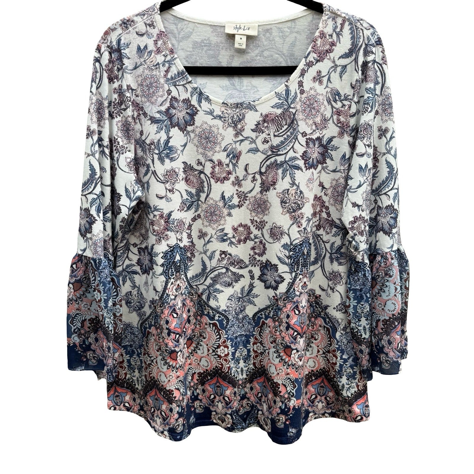 Style & Co Boho Feminine Garden Floral Paisley Bell Sleeve Peasant Blouse Top M