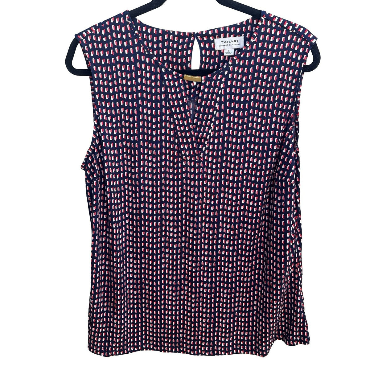 Tahari Nautical Preppy Geometric Mod V-Neck Sleeveless Jersey Blouse Navy L