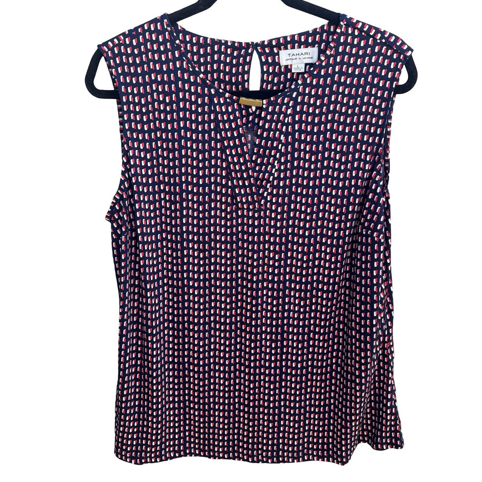 Tahari Nautical Preppy Geometric Mod V-Neck Sleeveless Jersey Blouse Navy L