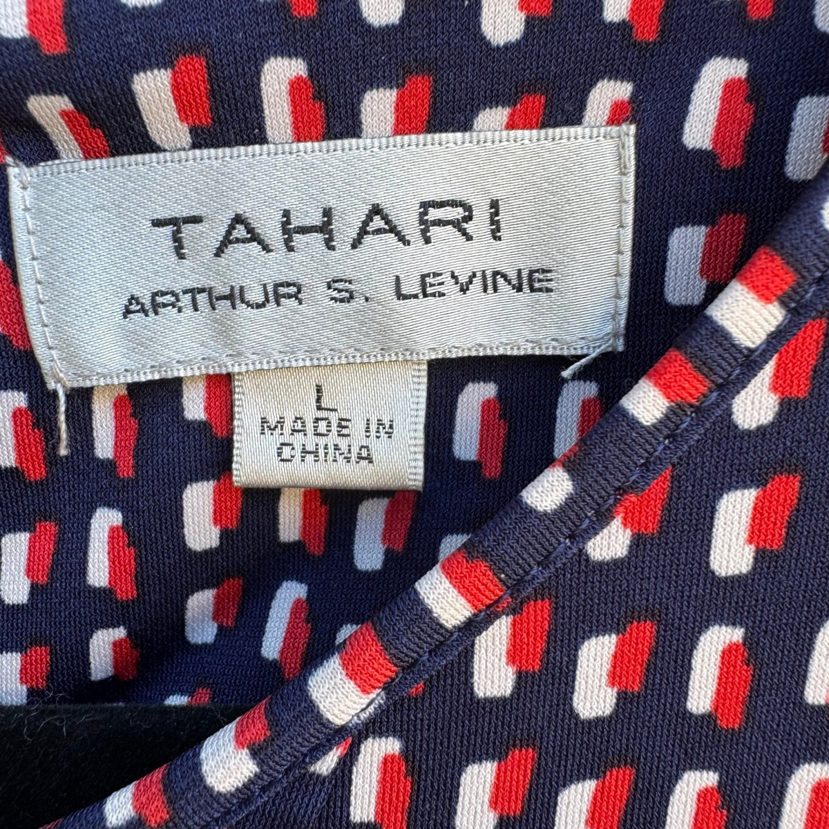 Tahari Nautical Preppy Geometric Mod V-Neck Sleeveless Jersey Blouse Navy L