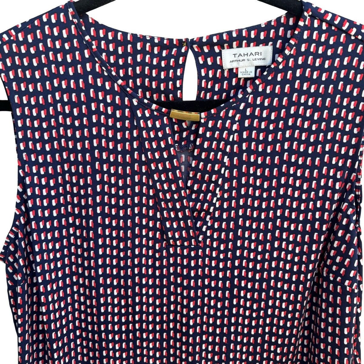 Tahari Nautical Preppy Geometric Mod V-Neck Sleeveless Jersey Blouse Navy L
