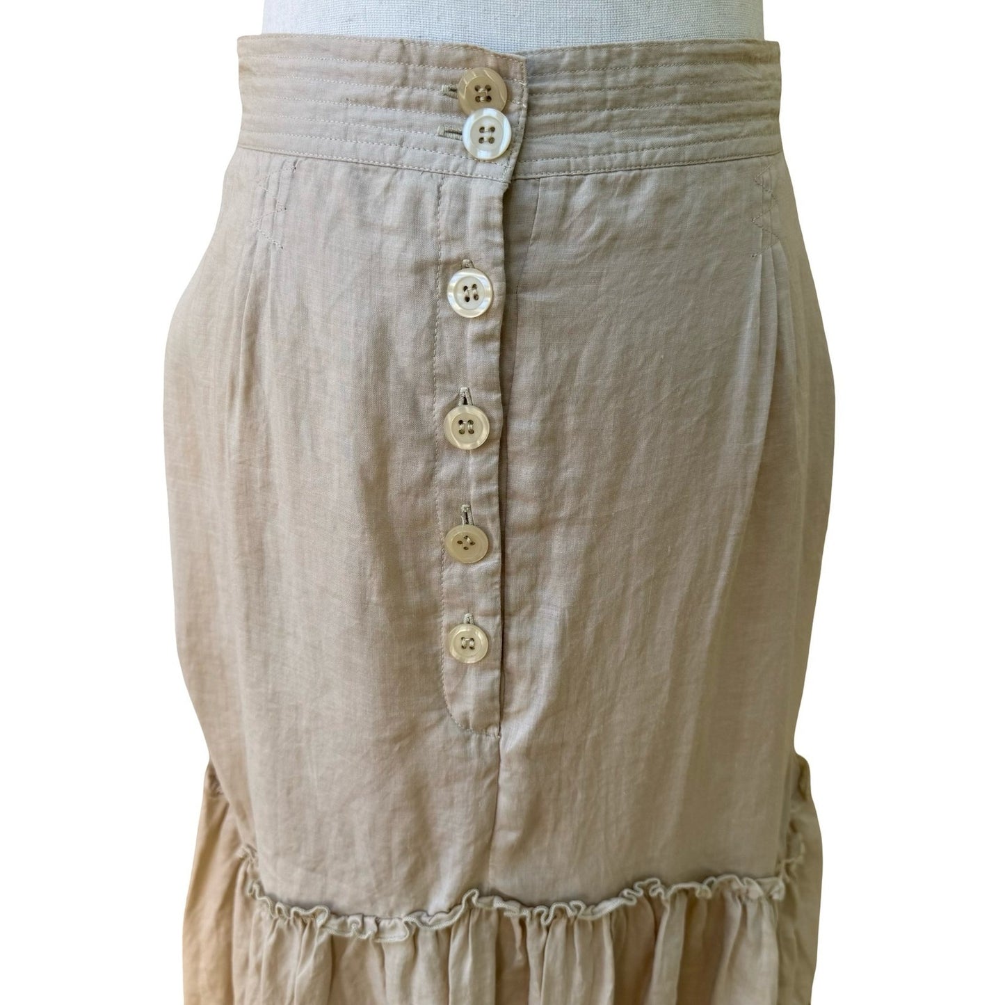 Yank Boho Prairie Milkmaid Victorian Ramie Cotton Ruffle Side Ruche Midi Skirt M