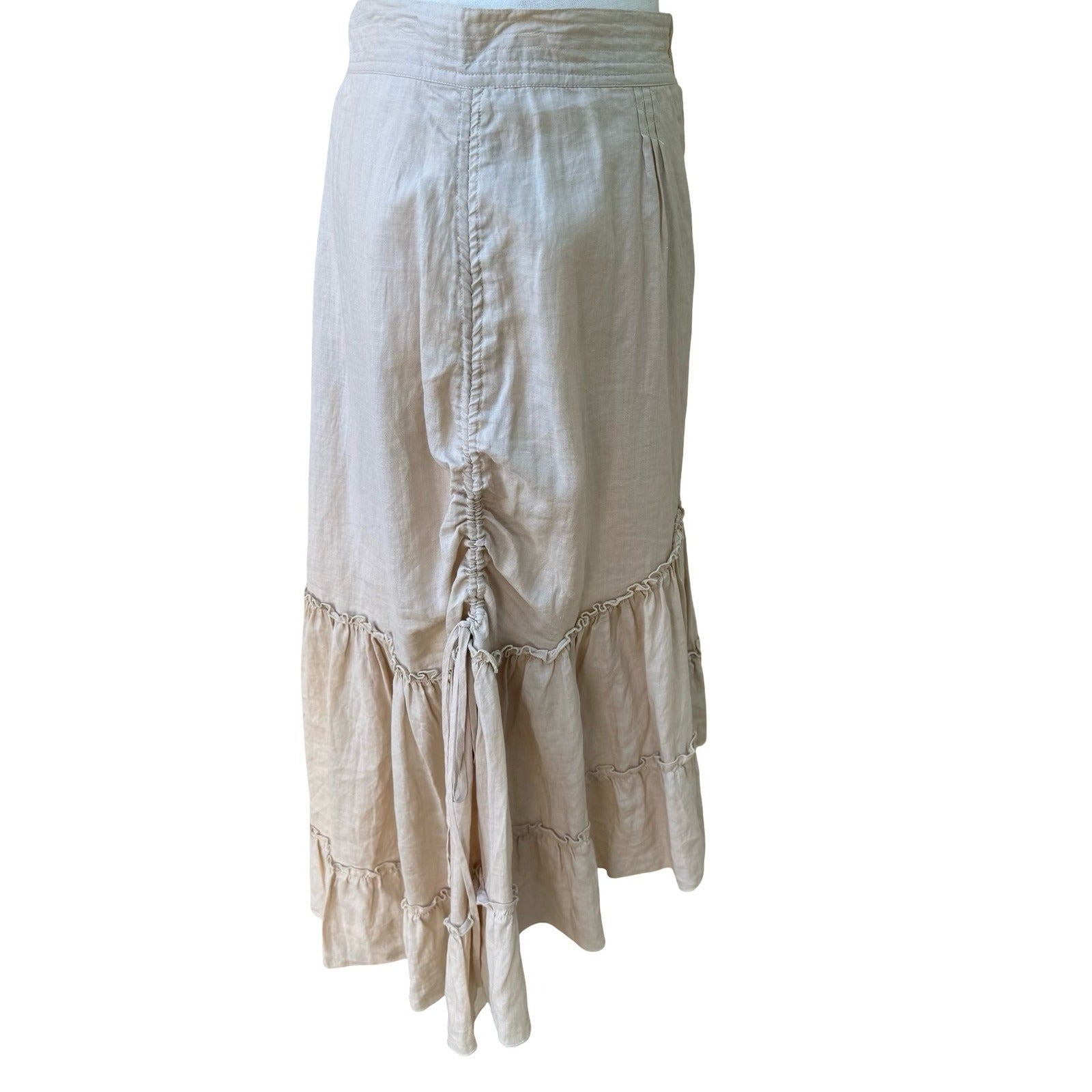 Yank Boho Prairie Milkmaid Victorian Ramie Cotton Ruffle Side Ruche Midi Skirt M