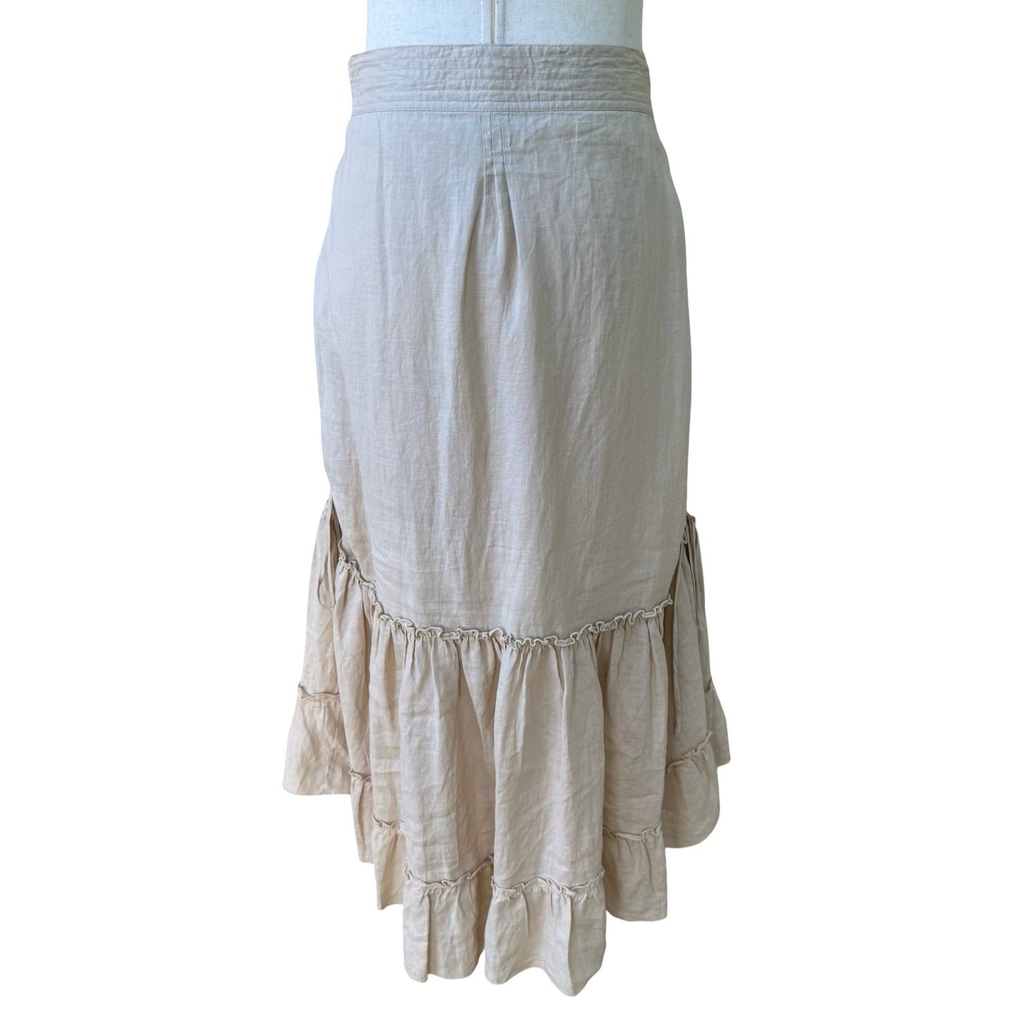 Yank Boho Prairie Milkmaid Victorian Ramie Cotton Ruffle Side Ruche Midi Skirt M