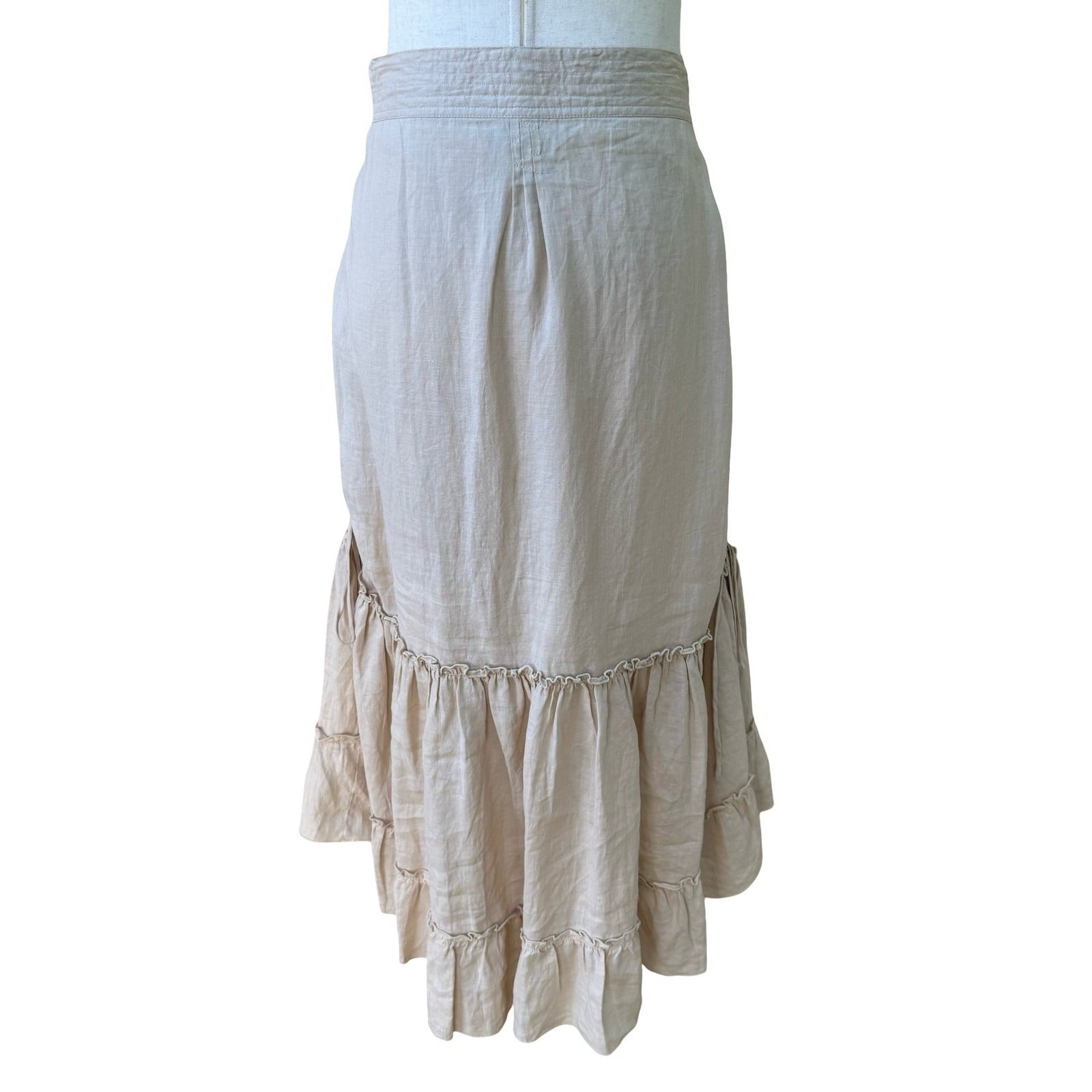 Yank Boho Prairie Milkmaid Victorian Ramie Cotton Ruffle Side Ruche Midi Skirt M