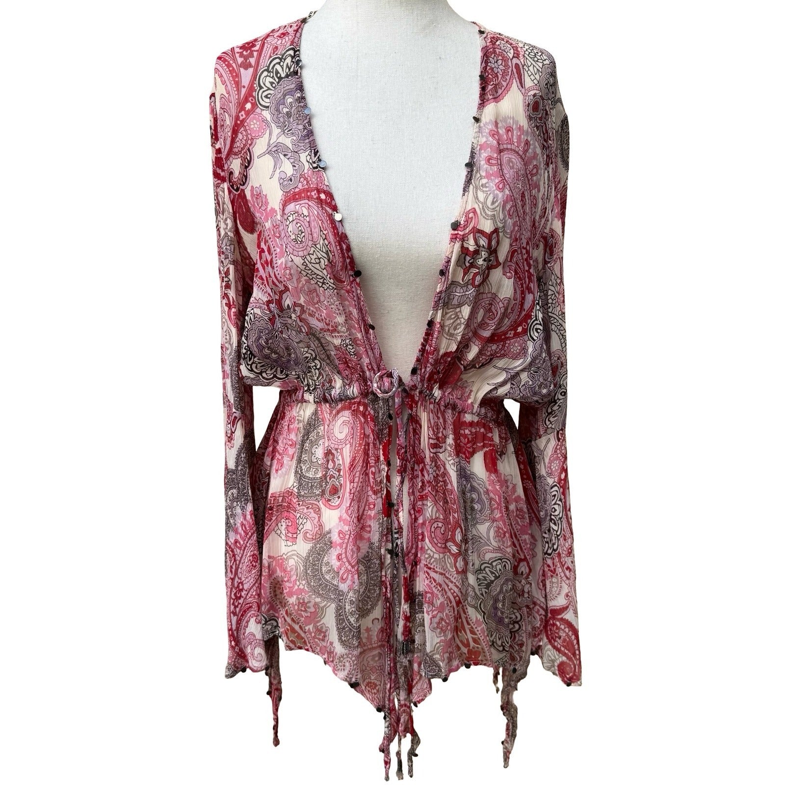 Zara Woman Boho Festival Fairy Pink Paisley Boho Bell Sleeve Peplum Blouse XS