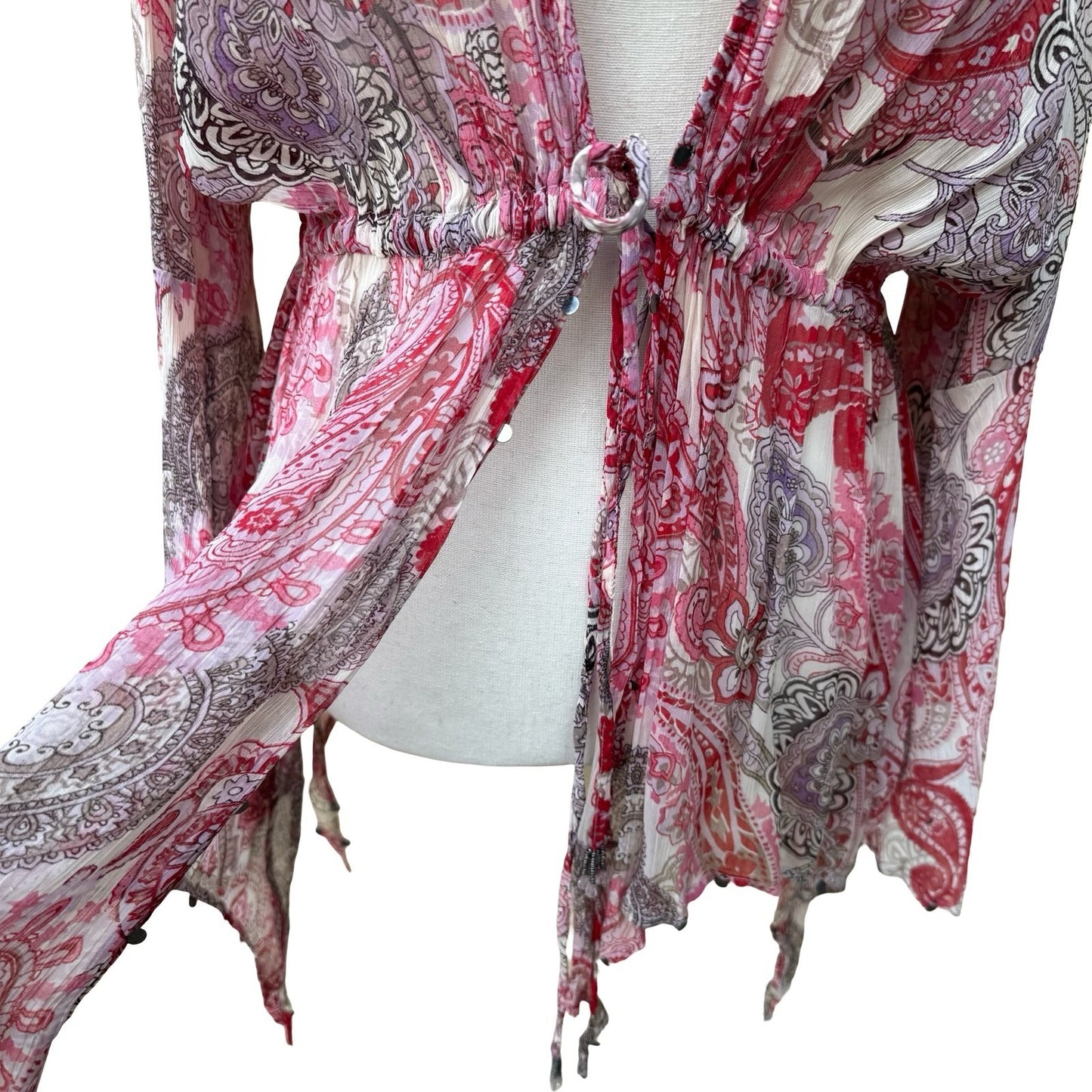 Zara Woman Boho Festival Fairy Pink Paisley Boho Bell Sleeve Peplum Blouse XS