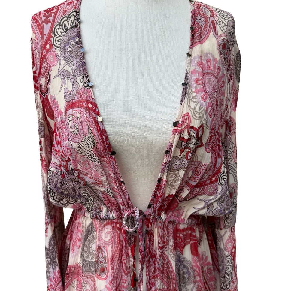 Zara Woman Boho Festival Fairy Pink Paisley Boho Bell Sleeve Peplum Blouse XS