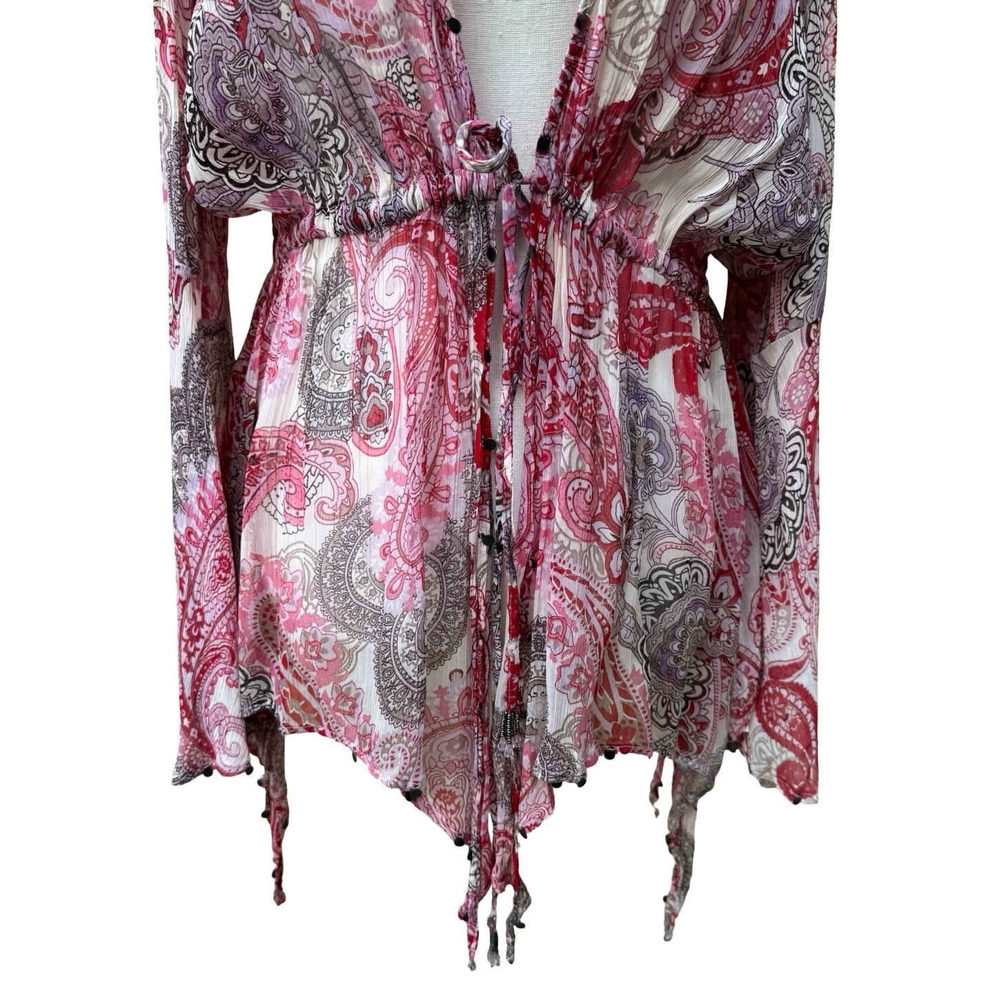 Zara Woman Boho Festival Fairy Pink Paisley Boho Bell Sleeve Peplum Blouse XS