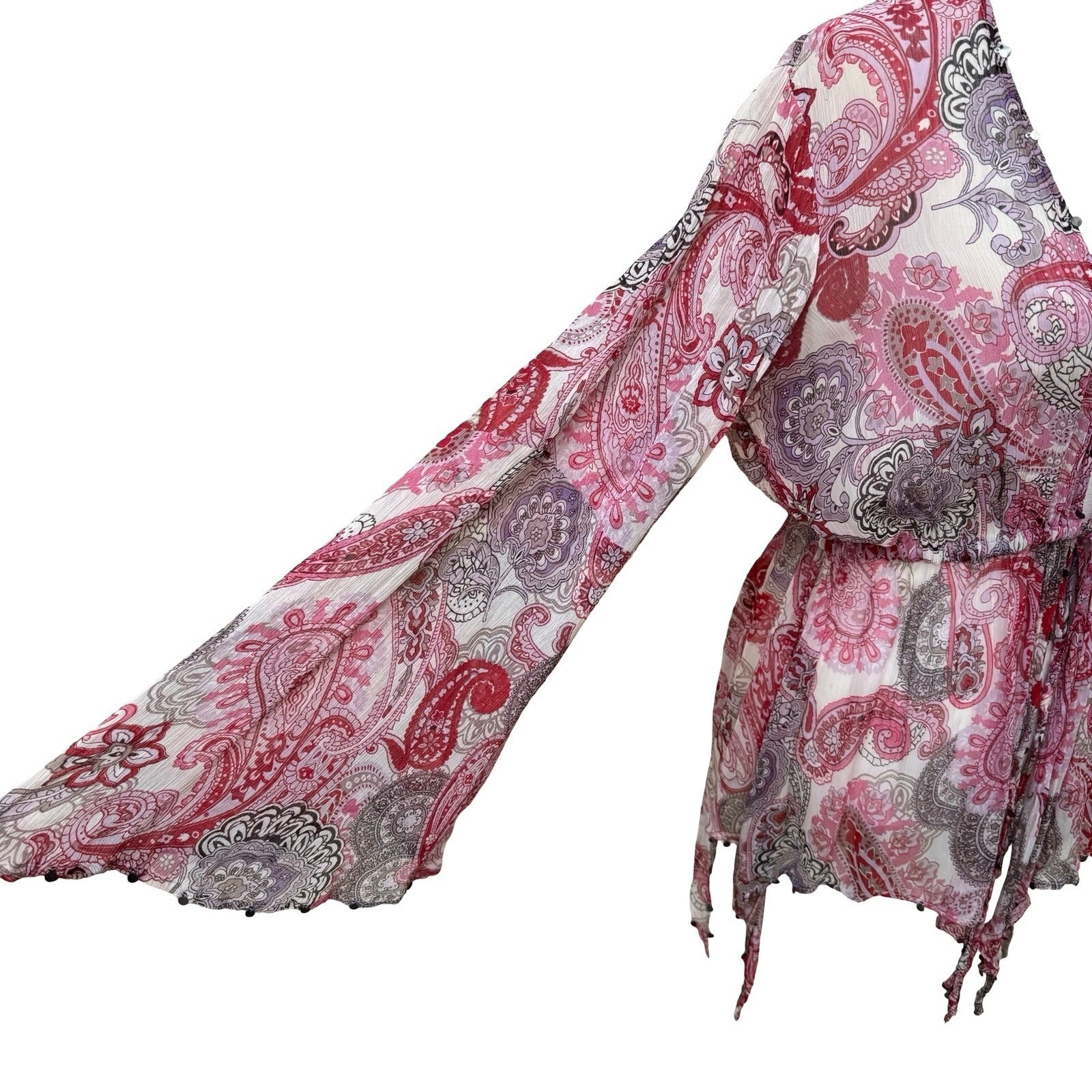 Zara Woman Boho Festival Fairy Pink Paisley Boho Bell Sleeve Peplum Blouse XS