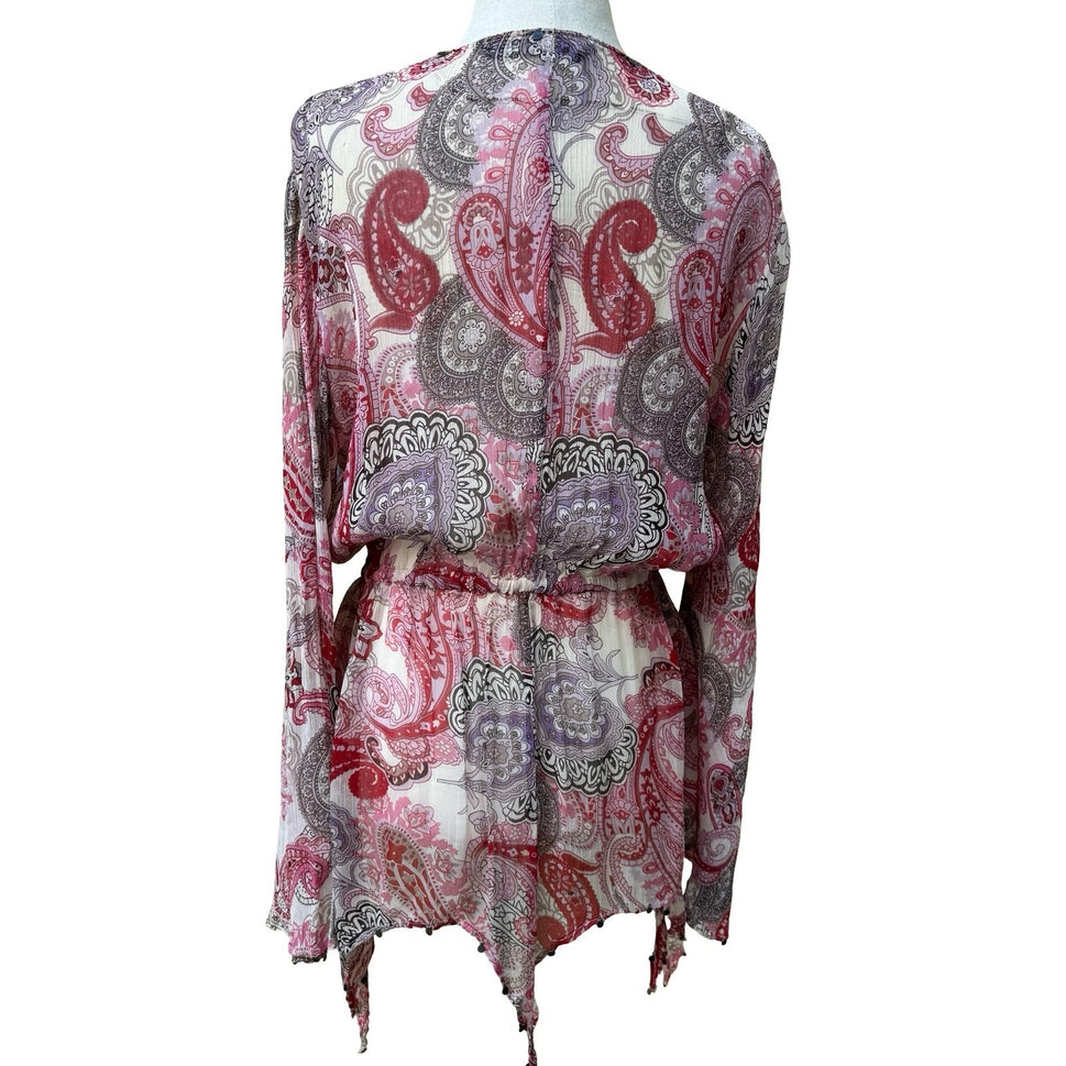 Zara Woman Boho Festival Fairy Pink Paisley Boho Bell Sleeve Peplum Blouse XS