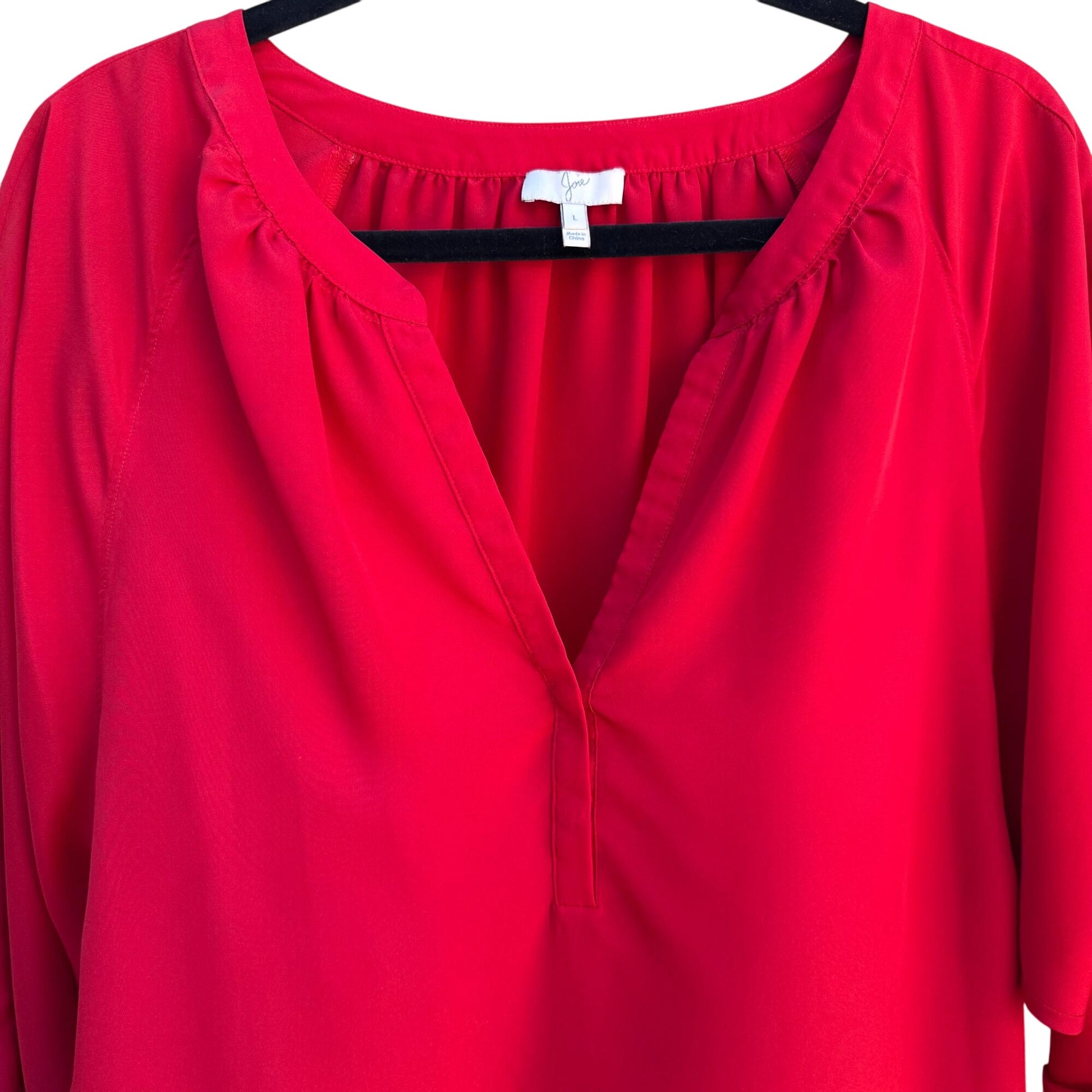 Joie Womens Lipstick Red V-Neck Flowy Cuffed 3/4 Sleeve Chiffon Tunic Blouse L