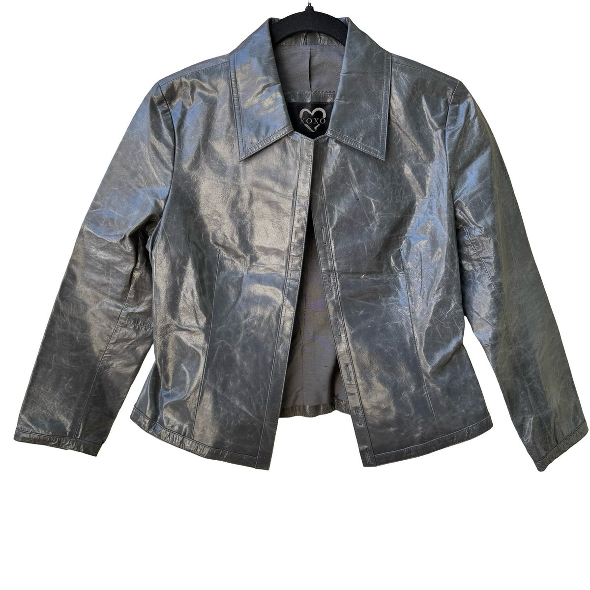 XOXO Vintage Y2K Grunge Distressed Metallic Grey Edgy Leather No Button Jacket S
