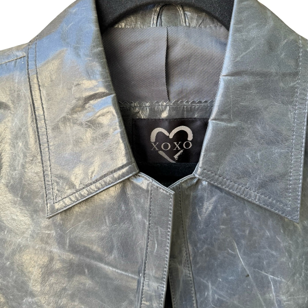 XOXO Vintage Y2K Grunge Distressed Metallic Grey Edgy Leather No Button Jacket S