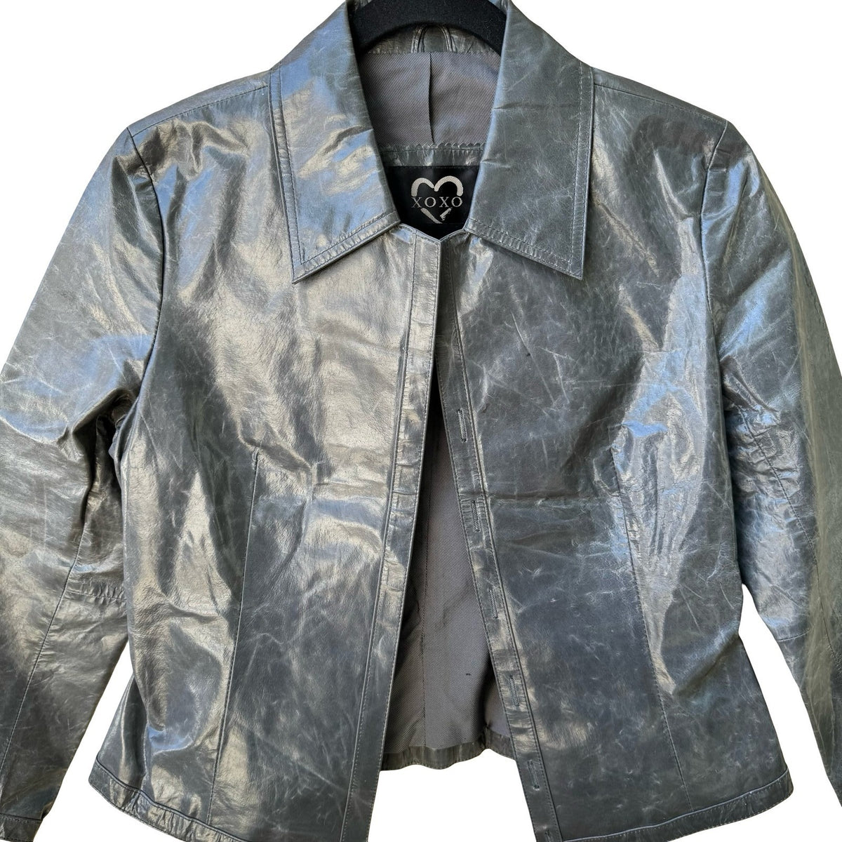 XOXO Vintage Y2K Grunge Distressed Metallic Grey Edgy Leather No Button Jacket S