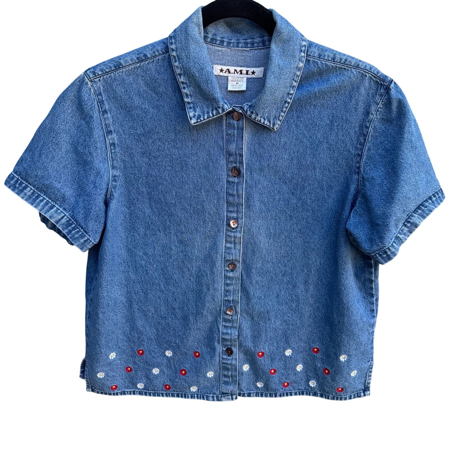 AMI Vintage Womens Short Sleeve Embroidered Cottage Floral Retro Denim Shirt M
