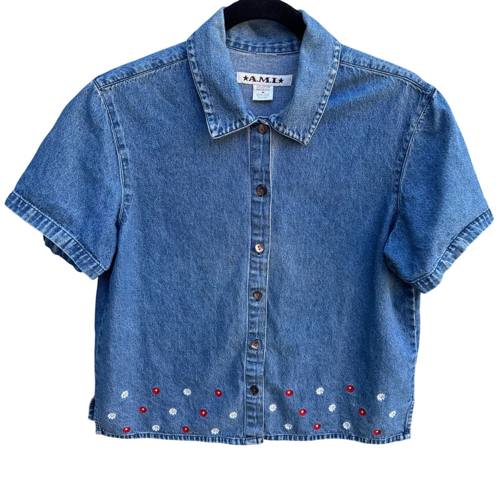AMI Vintage Womens Short Sleeve Embroidered Cottage Floral Retro Denim Shirt M