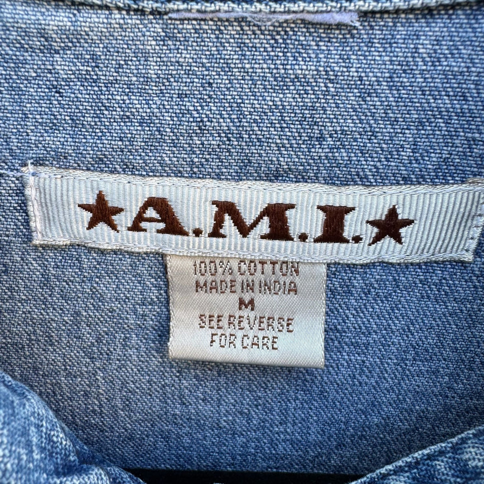 AMI Vintage Womens Short Sleeve Embroidered Cottage Floral Retro Denim Shirt M