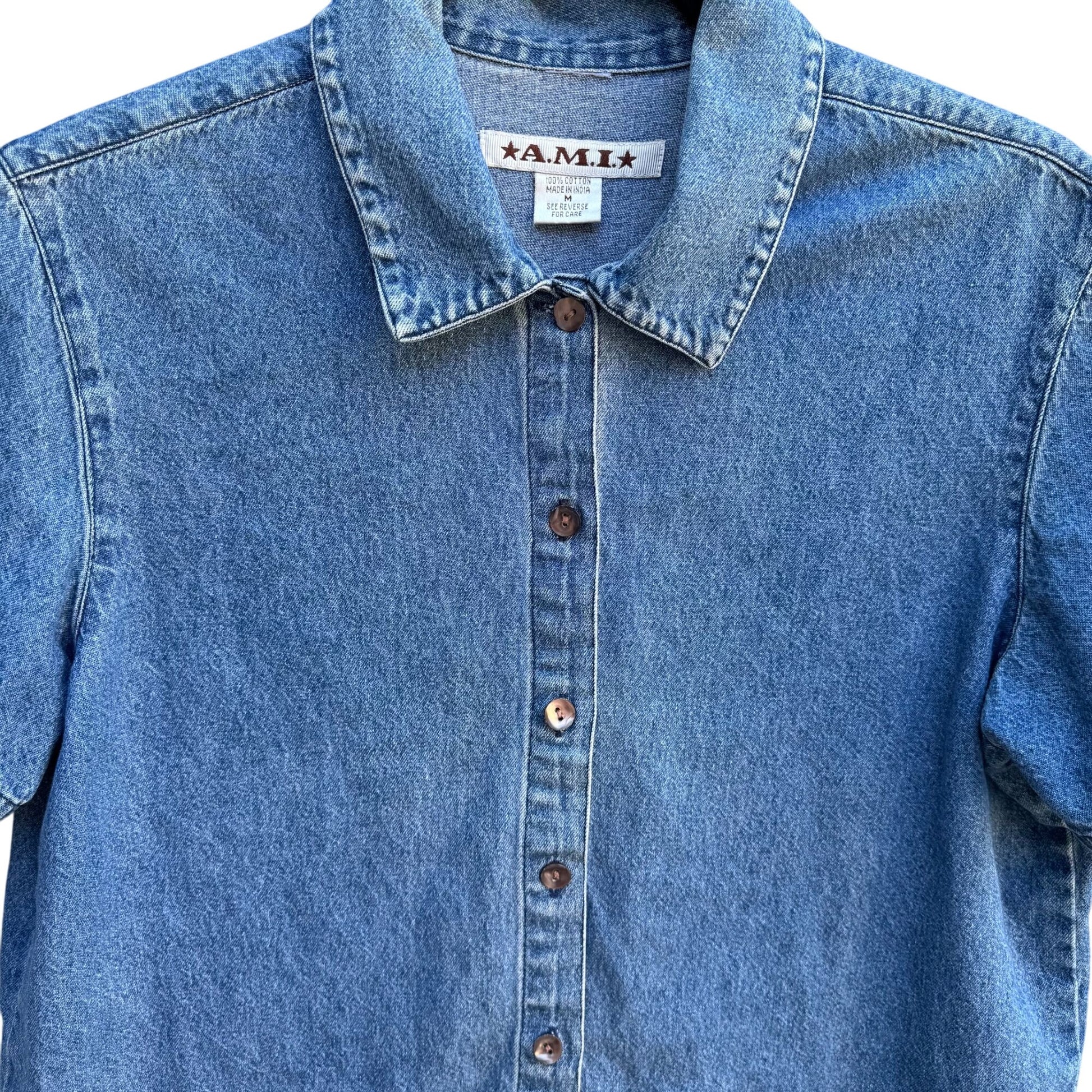 AMI Vintage Womens Short Sleeve Embroidered Cottage Floral Retro Denim Shirt M