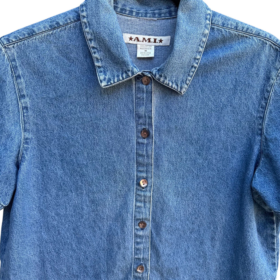 AMI Vintage Womens Short Sleeve Embroidered Cottage Floral Retro Denim Shirt M