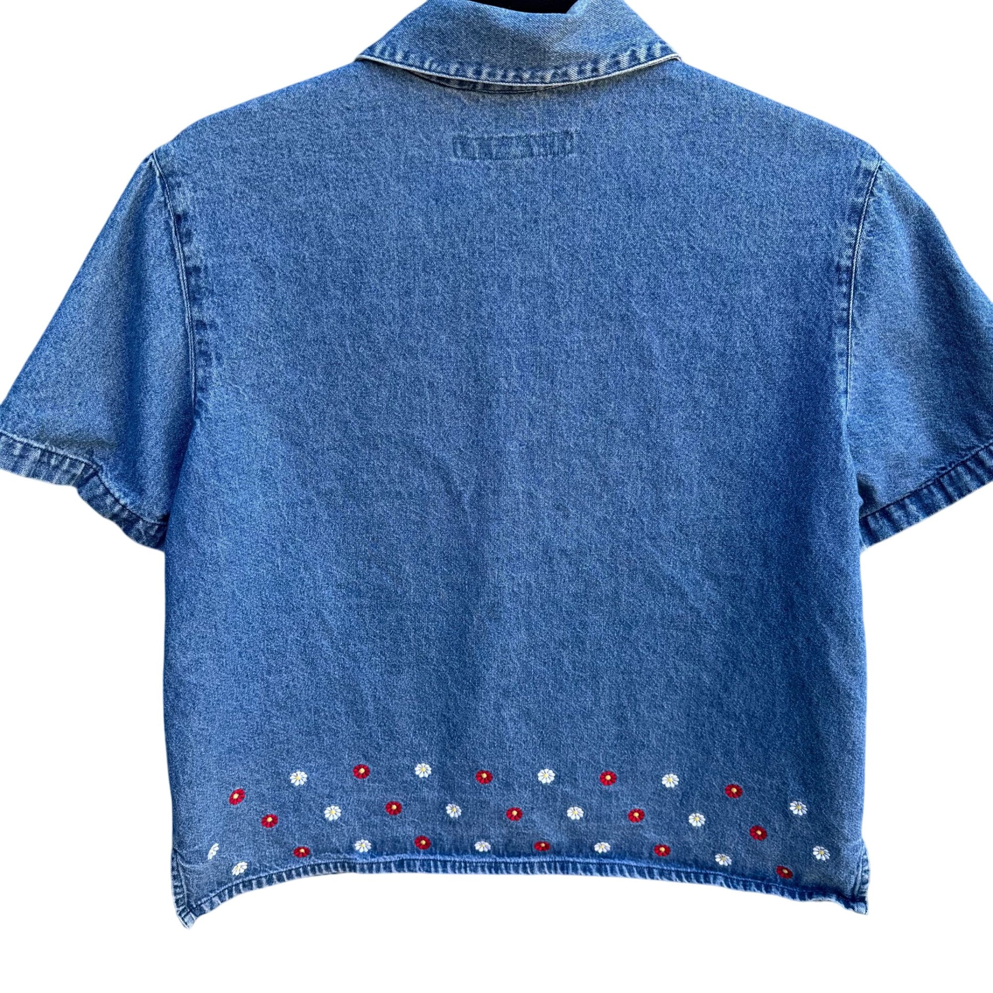 AMI Vintage Womens Short Sleeve Embroidered Cottage Floral Retro Denim Shirt M