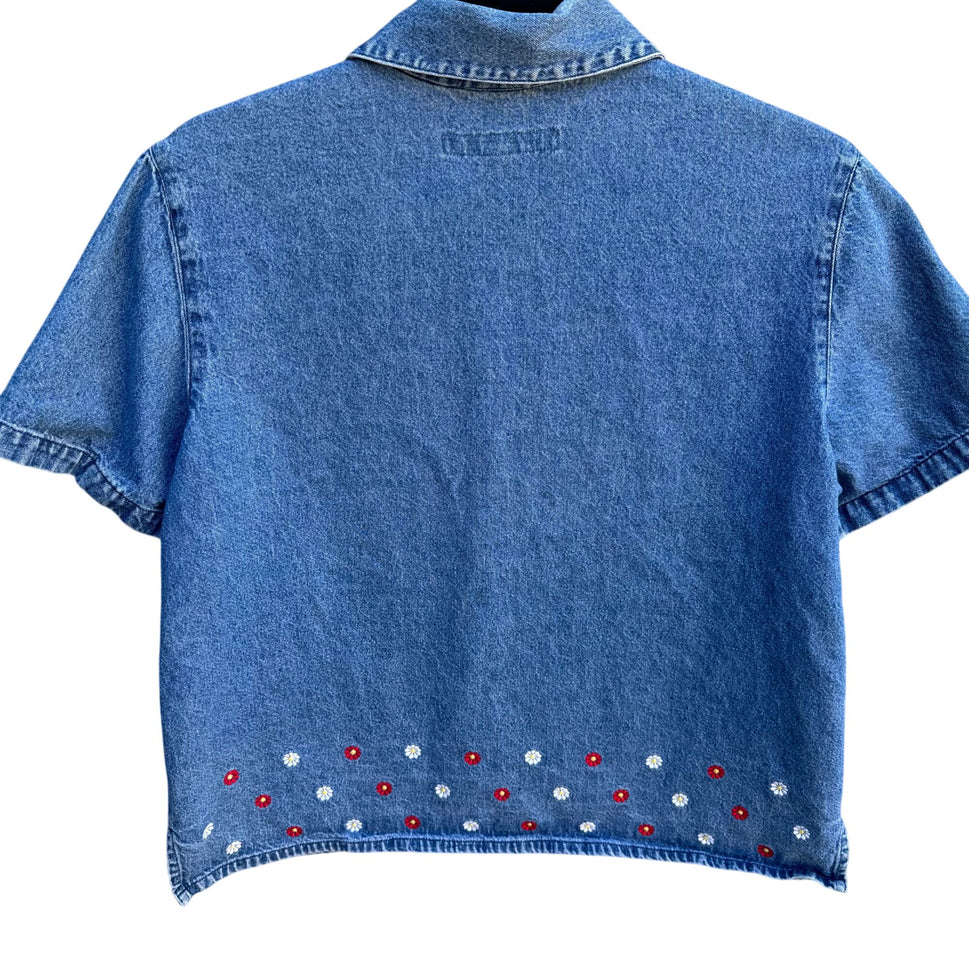AMI Vintage Womens Short Sleeve Embroidered Cottage Floral Retro Denim Shirt M