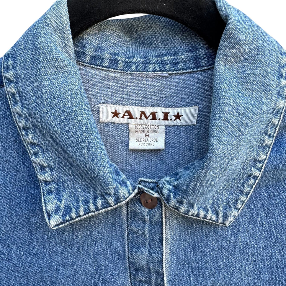 AMI Vintage Womens Short Sleeve Embroidered Cottage Floral Retro Denim Shirt M