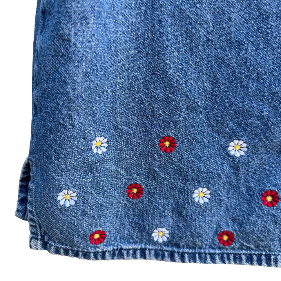 AMI Vintage Womens Short Sleeve Embroidered Cottage Floral Retro Denim Shirt M