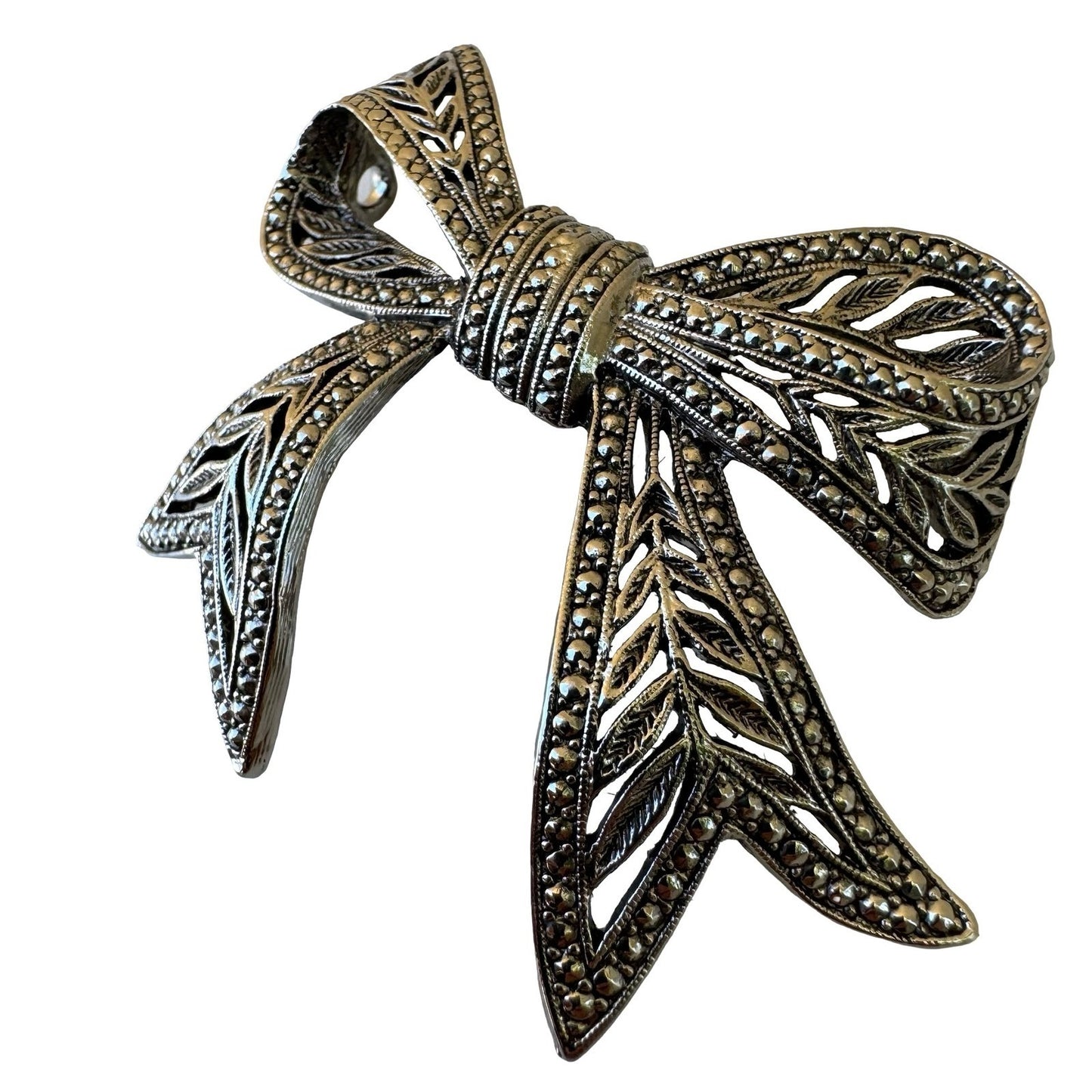 Vintage Silver Tone Coquette Regency Filigree Bow Brooch Pin Marcasite Style
