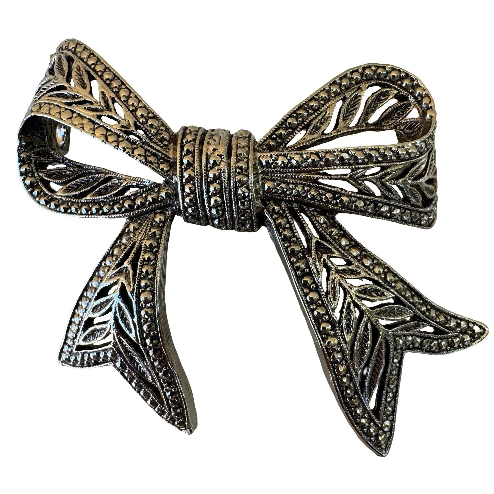 Vintage Silver Tone Coquette Regency Filigree Bow Brooch Pin Marcasite Style