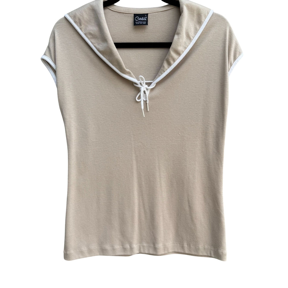 Catalina Vintage 60s 70s Womens Tan Sailor Collar Sleeveless Nautical Shirt L