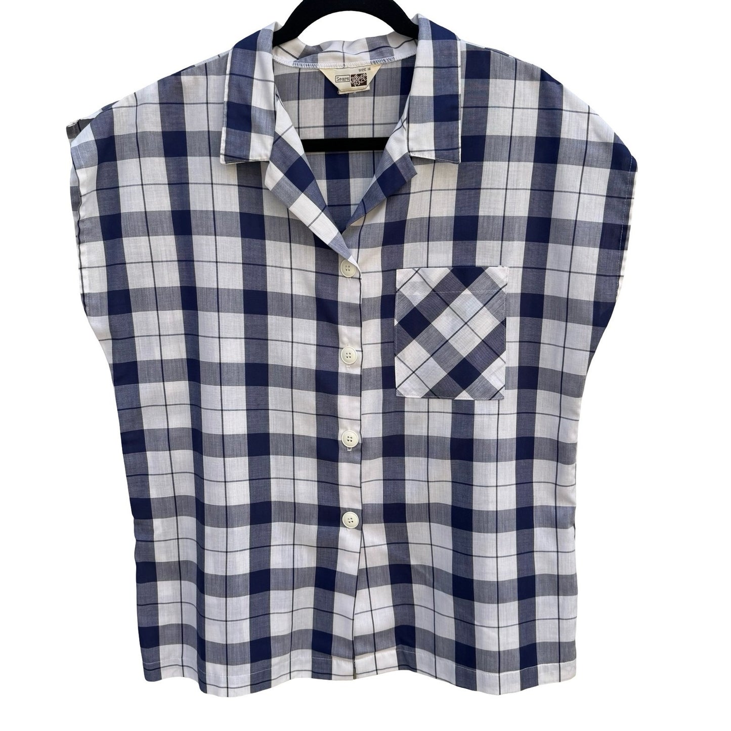 Sears The Fashion Place Vintage Navy Blue White Plaid Button Up Top Size 16 USA
