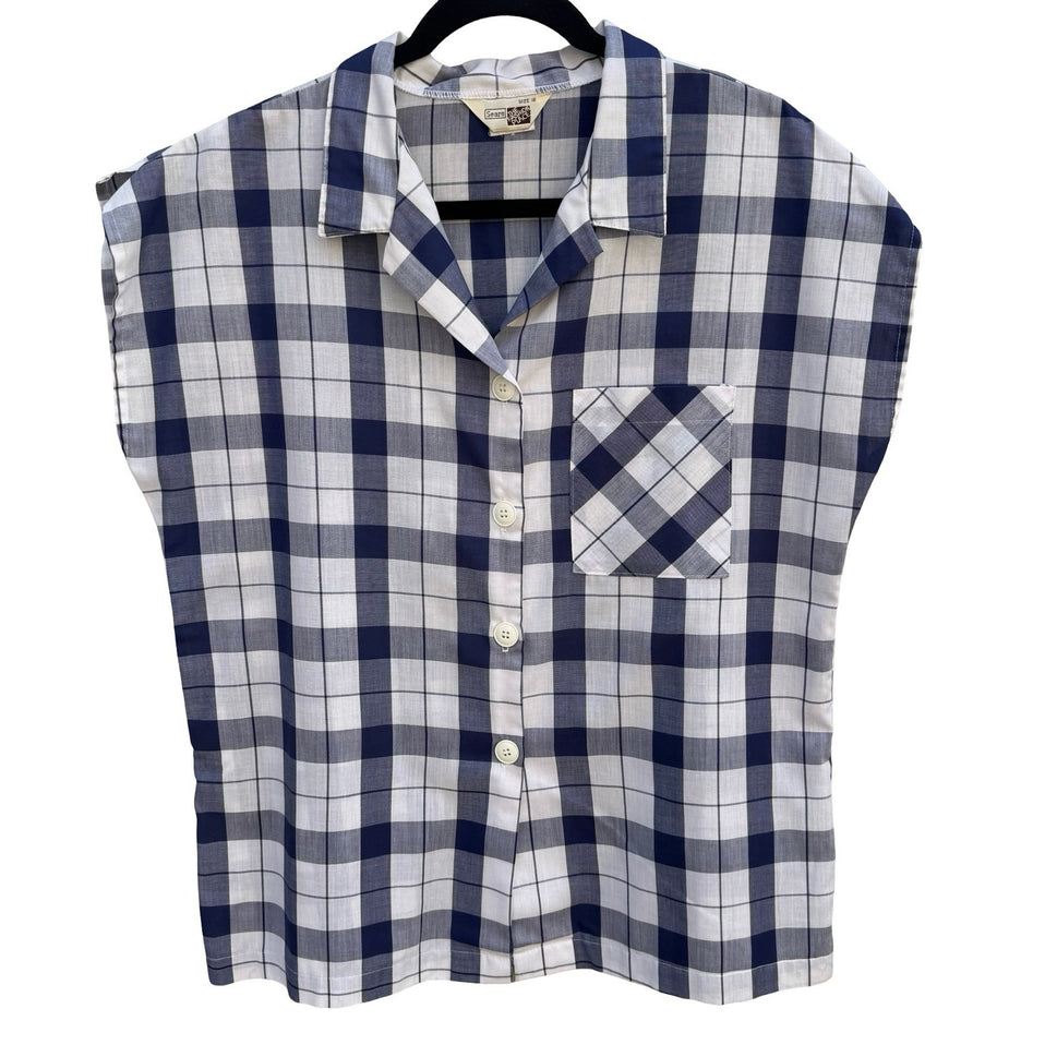 Sears The Fashion Place Vintage Navy Blue White Plaid Button Up Top Size 16 USA