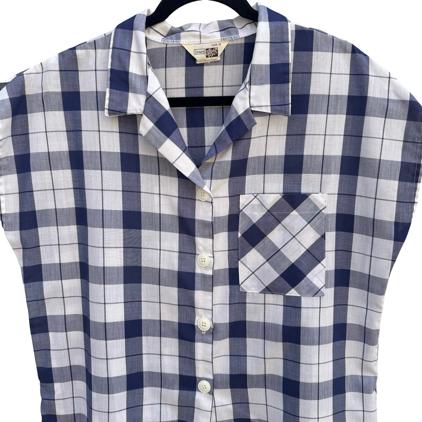 Sears The Fashion Place Vintage Navy Blue White Plaid Button Up Top Size 16 USA