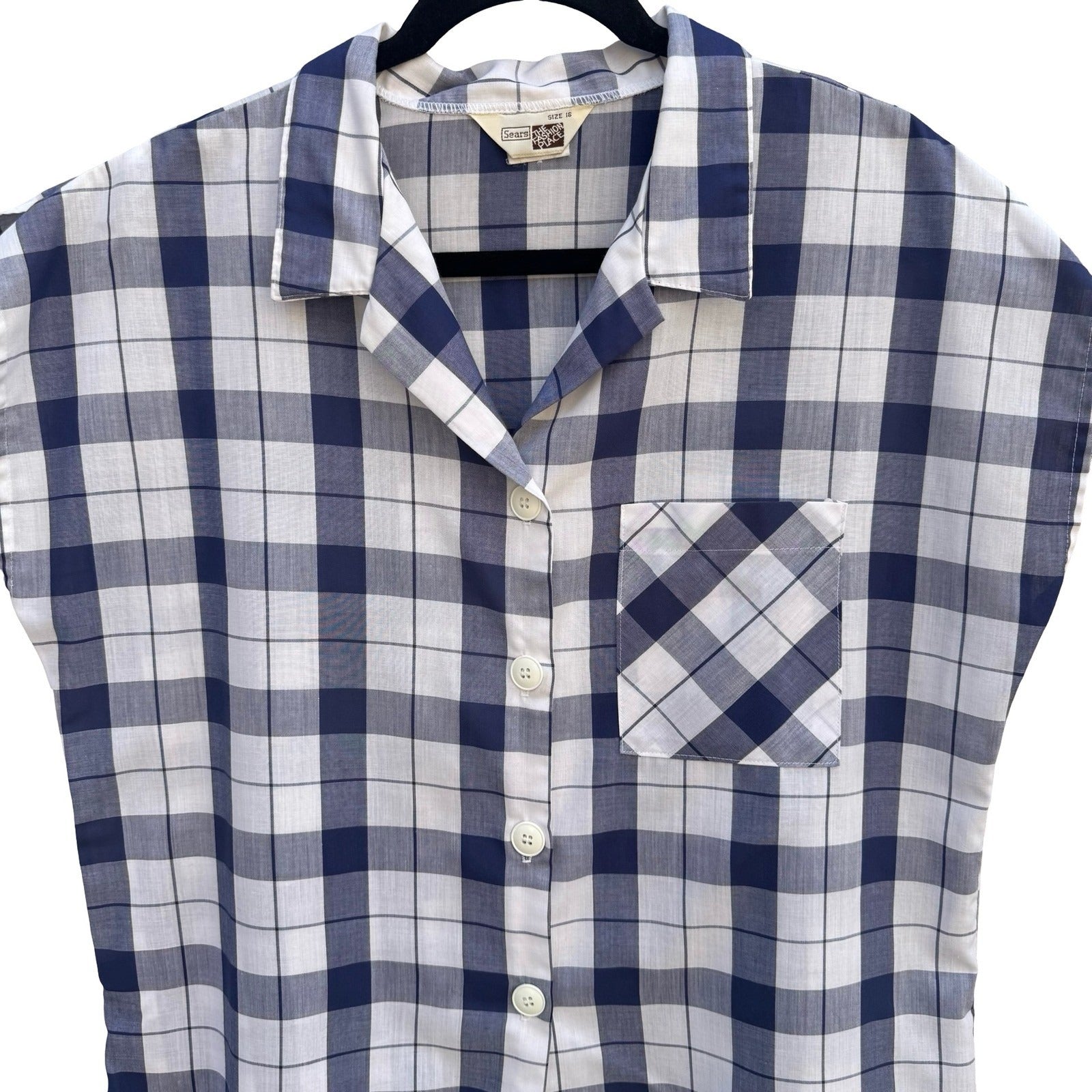 Sears The Fashion Place Vintage Navy Blue White Plaid Button Up Top Size 16 USA