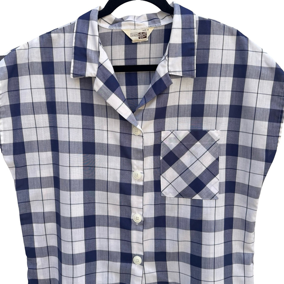 Sears The Fashion Place Vintage Navy Blue White Plaid Button Up Top Size 16 USA