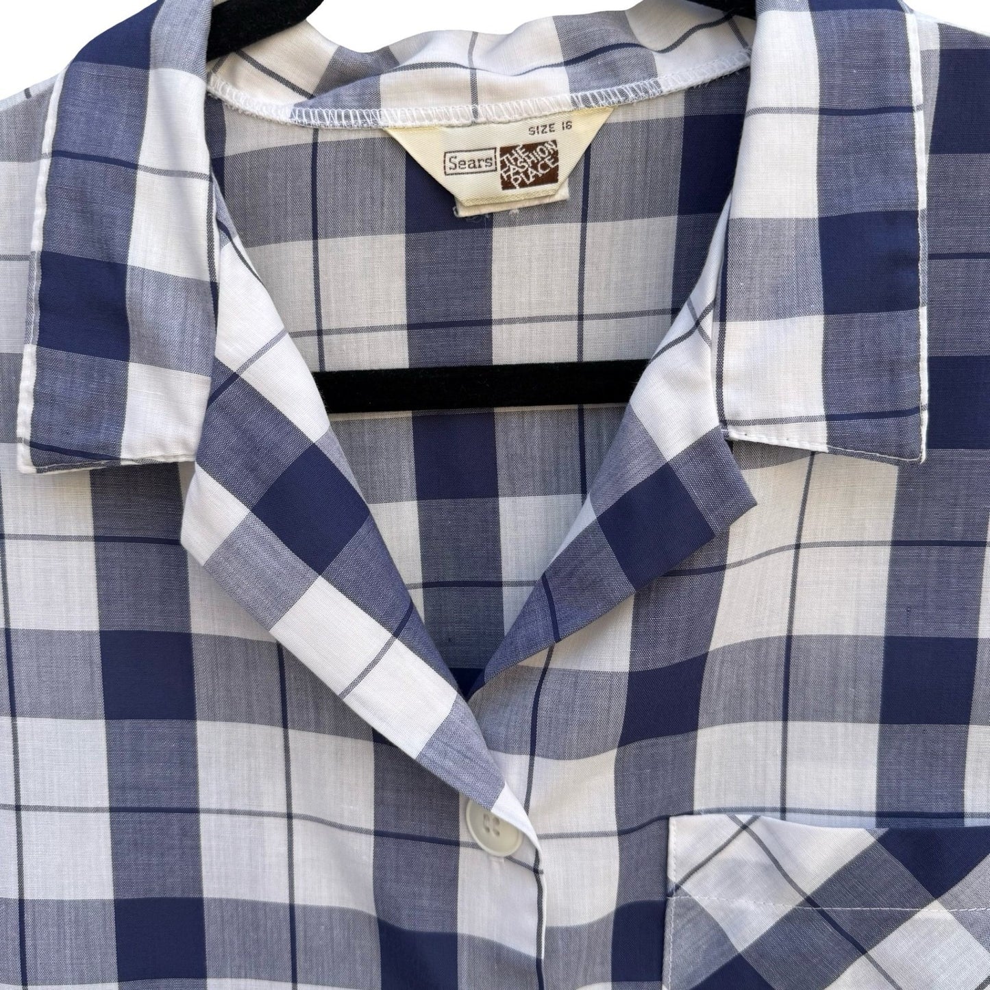 Sears The Fashion Place Vintage Navy Blue White Plaid Button Up Top Size 16 USA