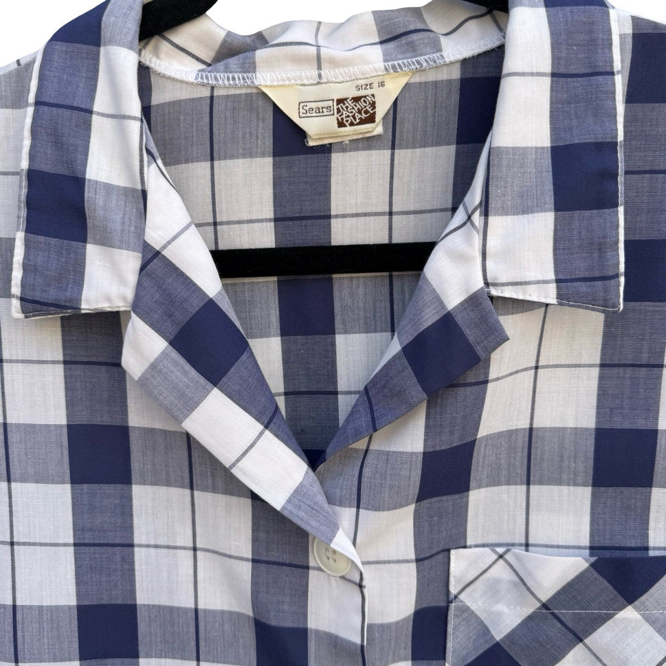 Sears The Fashion Place Vintage Navy Blue White Plaid Button Up Top Size 16 USA
