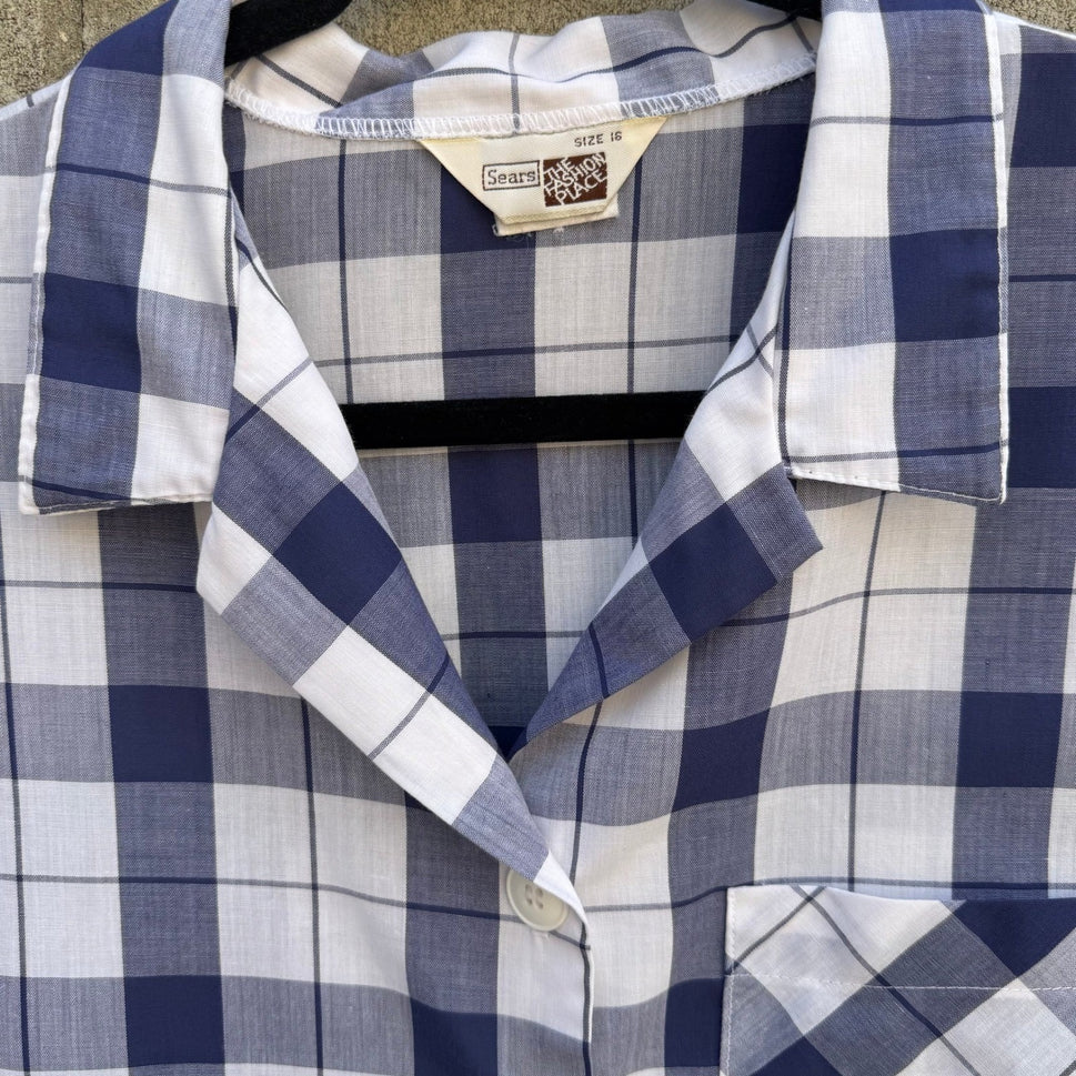 Sears The Fashion Place Vintage Navy Blue White Plaid Button Up Top Size 16 USA